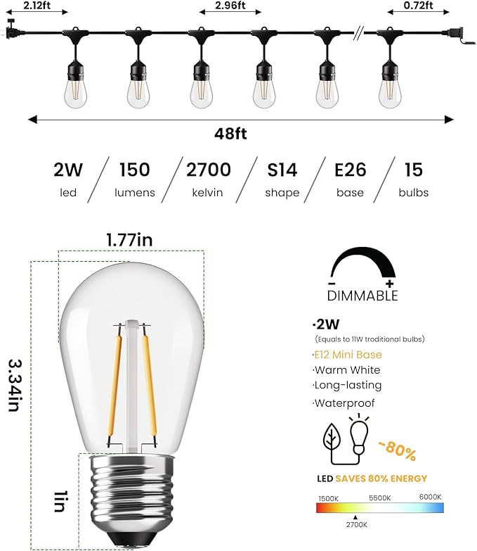Luces de Cadena LED Svater 96ft 2W Blanco Cálido 2700K IP65 miniatura 2