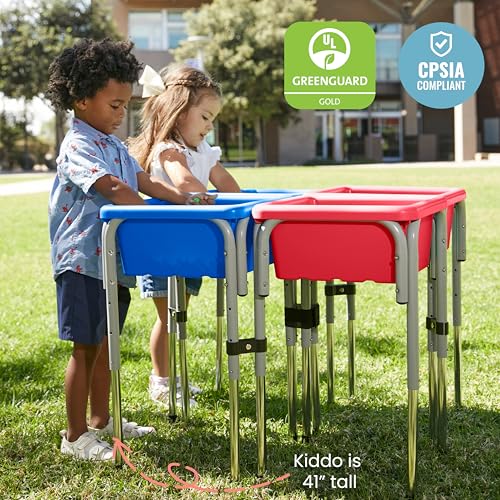 Image of ECR4Kids 4-Station Sand and Water Adjustable Play Table, Sensory Bins, Blue /Red