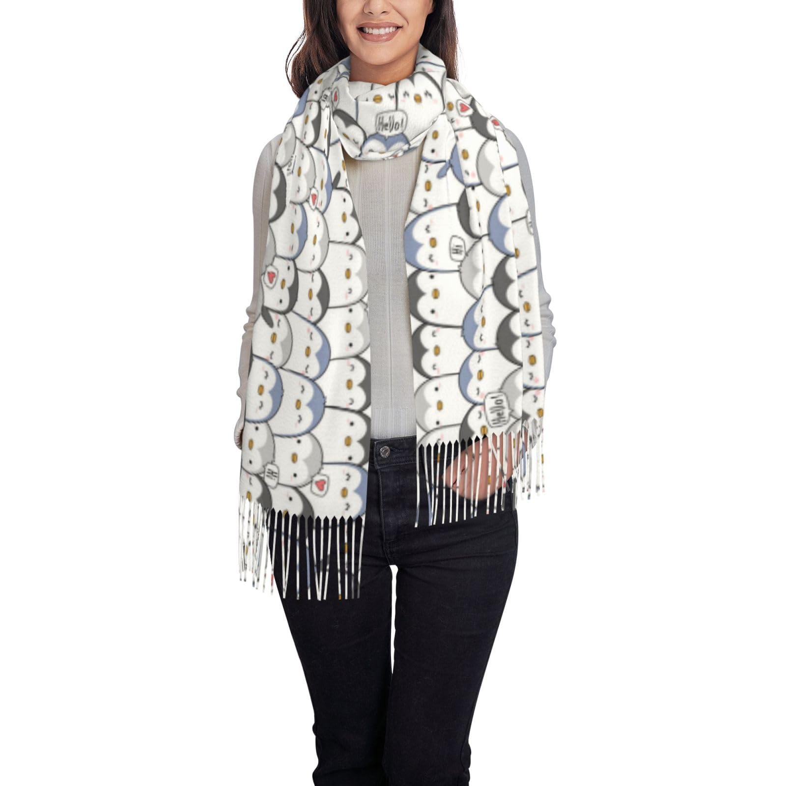 Ouyniei Cute Penguin Stylish Printed Scarf For Women - Soft Fringed Shawl Wrap, Winter Fashion Accessory & Gift