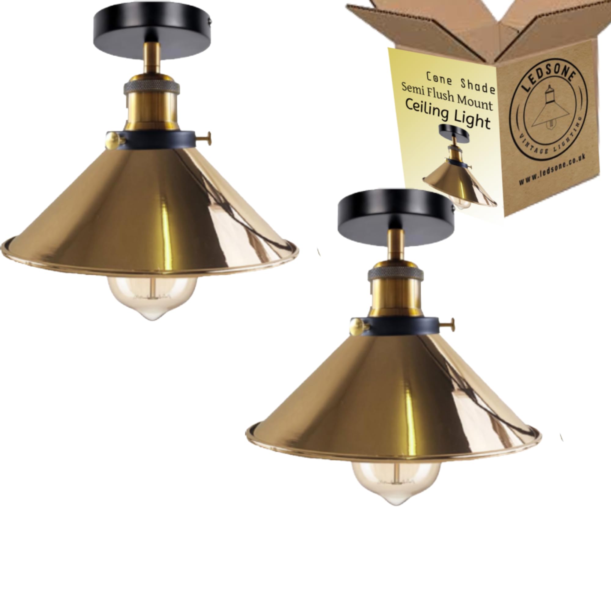LEDSone Modern Semi Flush Mount Ceiling Light Metal 2 Pack Cone Shape Pendant Lamp Chandelier LED Lights Fitting for Kitchen Bedroom Hallway Restaurant Hotel (French Gold)