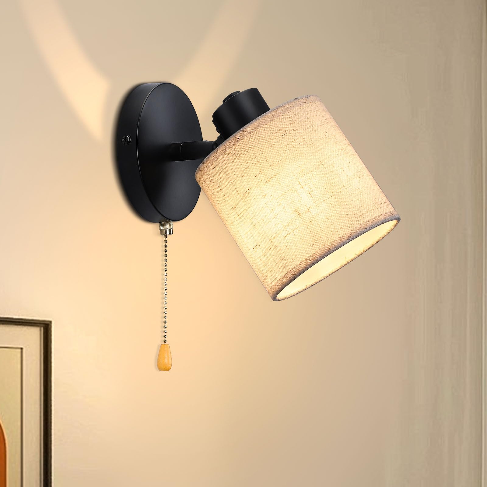 Winverty Pull Cord Wall Lights with Switch, Wall Lamp with Beige Fabric Lampshade