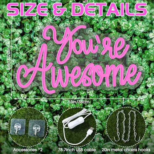 Image of You Are Awesome Neon Signs Dimmable Inspirational LED Neon Lights for Wall Decor Pink USB Positive Quotes Light up Sign for Bedroom Wedding Birthday Classroom Home Office Bar Hanging Decor
