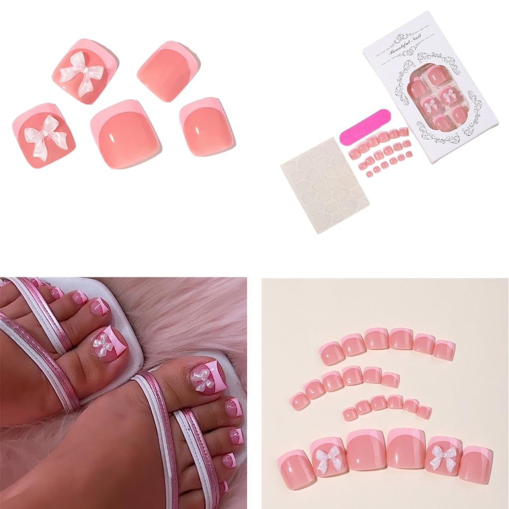 24x/Set Press on Toenails French Tip False Toenails Bowknot Full Cover Nail Manicures Supplies for Women