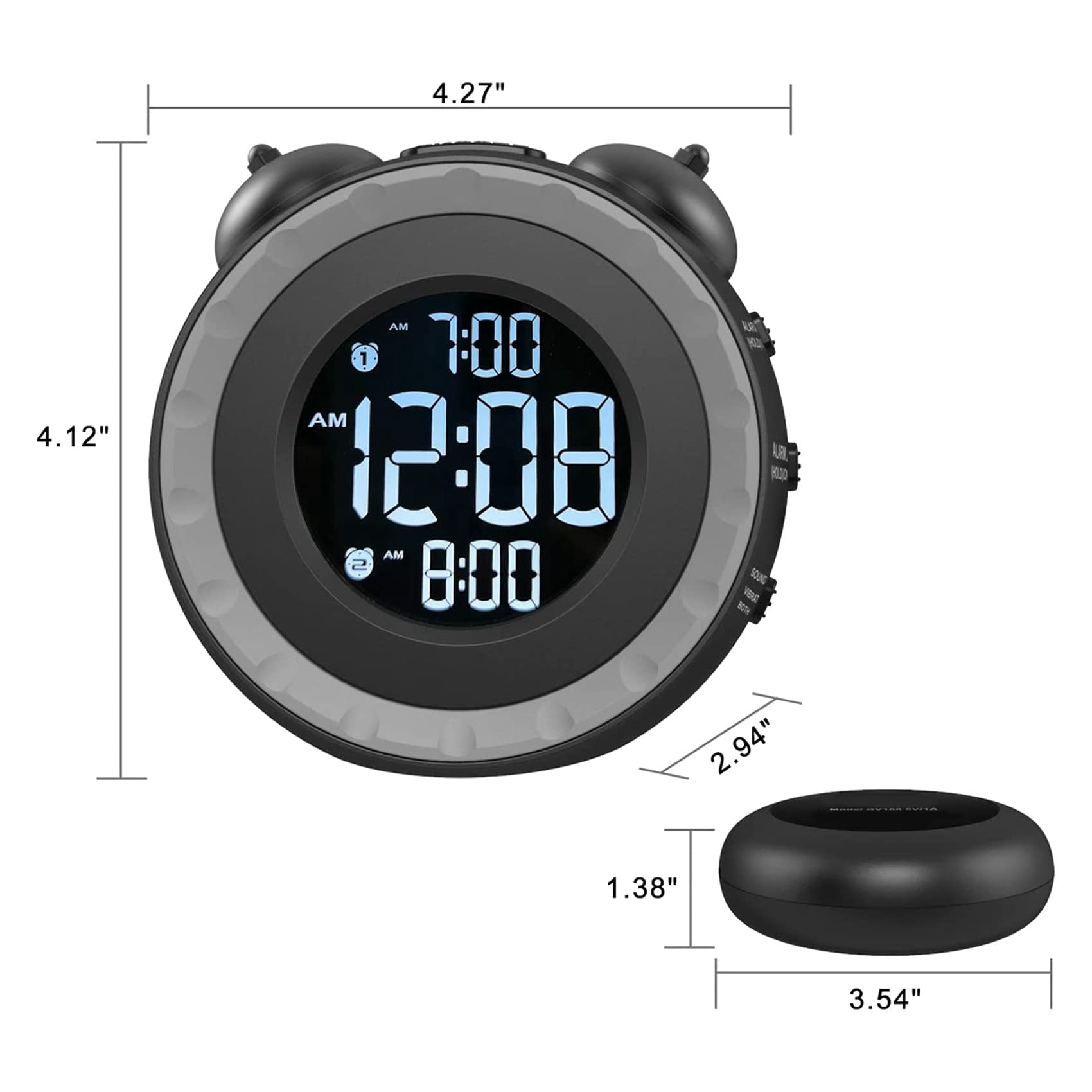 2X Reloj Despertador Doble Fuerte con Agitador de Cama, Reloj Despertador Vibratorio para Personas Que Duermen Mucho O Personas con Problemas de Audición, Puerto de Carga USB