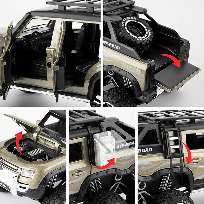 Image of Invite Enterprise Land Rover Defender Six Wheels Off-Road Pickup Car Model - 1:24 Scale Diecast Truck with Pull Back Action, Sounds & Lights - Perfect Collectible for Kids and Adults Multicolor