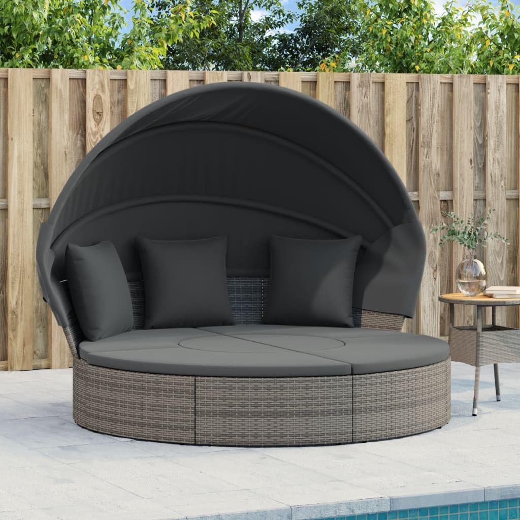 Letto lounge per esterni con tetto e cuscino, grigio, in polyrattan, resistente alle intemperie, con protezione solare, regolabile, per balcone, terrazza e attività all'aperto, relax e relax