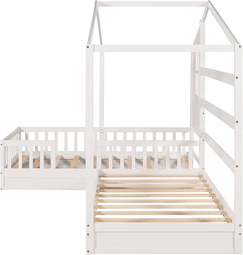 Miniatura 5 de Cama de casa en forma de L para 2 niños marcos de cama doble individual para niños con techo ventanas valla y diseño de listones cama doble
