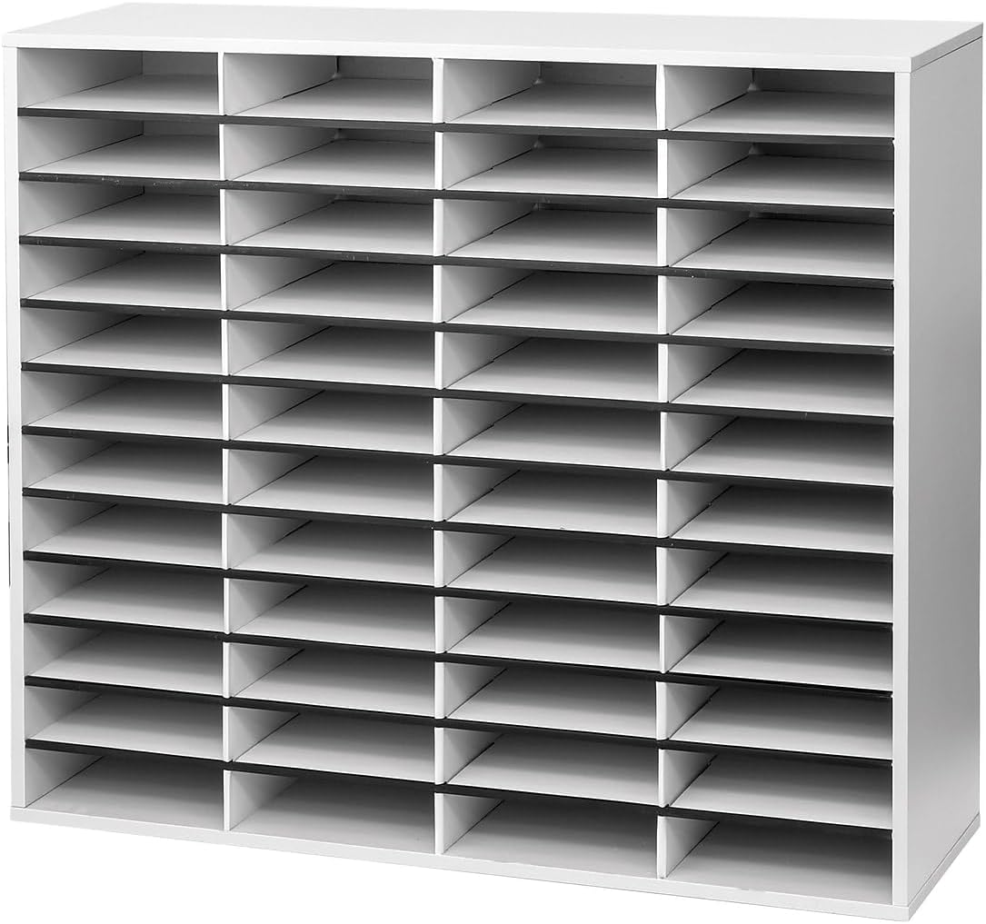 Fellowes 48 Compartment, Light Duty Literature Organizer with Corrugated Cardboard Shelves and Sturdy Surround, Dove Gray