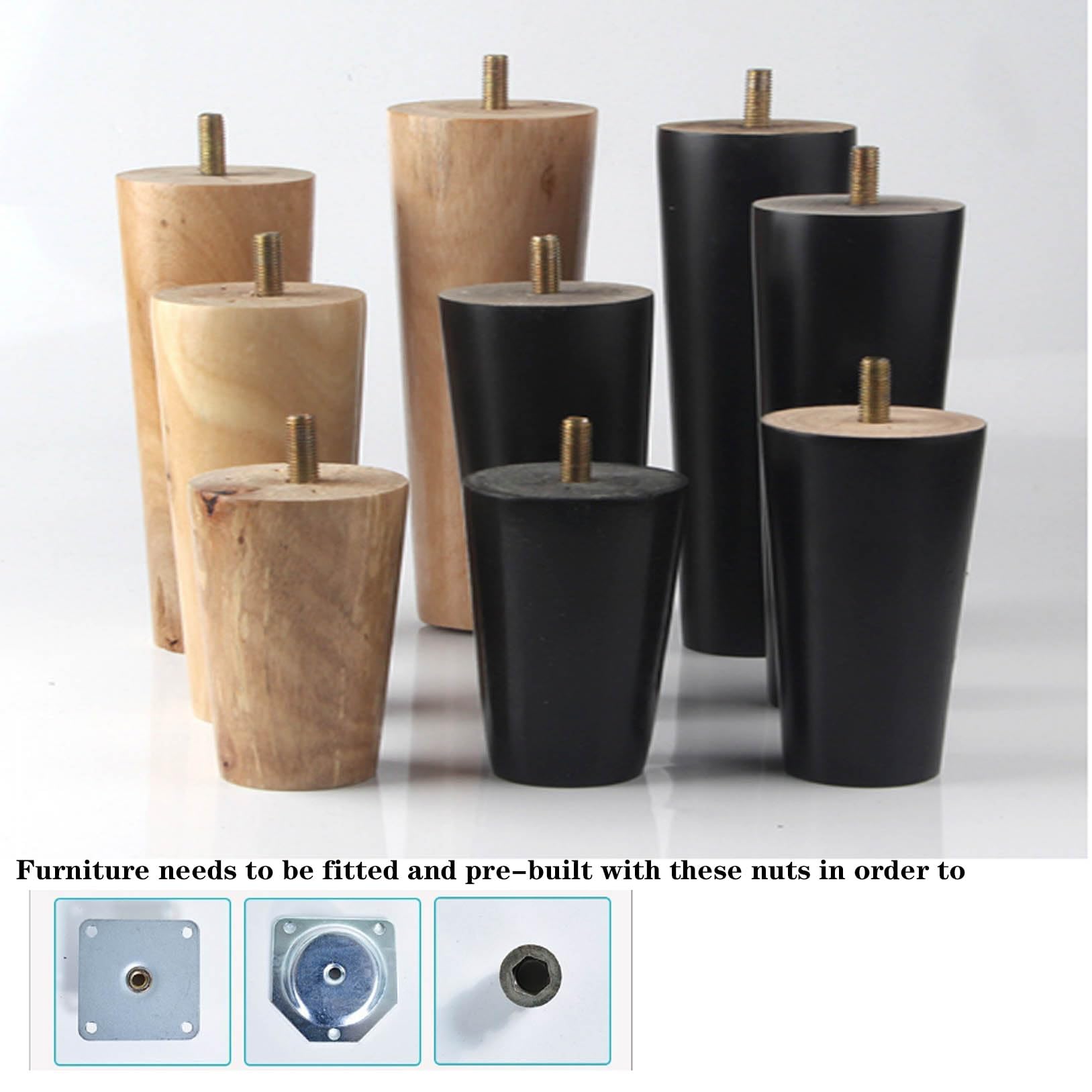 Paquete de 4 patas de sofá de madera cónicas M8 negras – 25 cm de altura de repuesto para piel, cama Slish y patas de TV, diseño moderno, mejora la decoración de tu hogar
