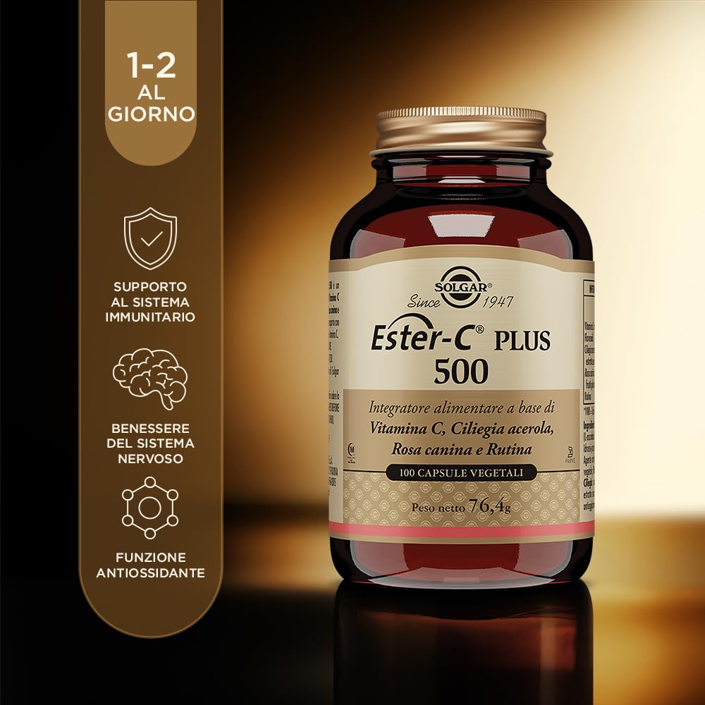 Solgar Ester-C® Plus 500, 100 Capsule Vegetali - Vitamina C pH Tamponato con Bioflavonoidi, Rosa Canina, Ciliegia Acerola e Rutina