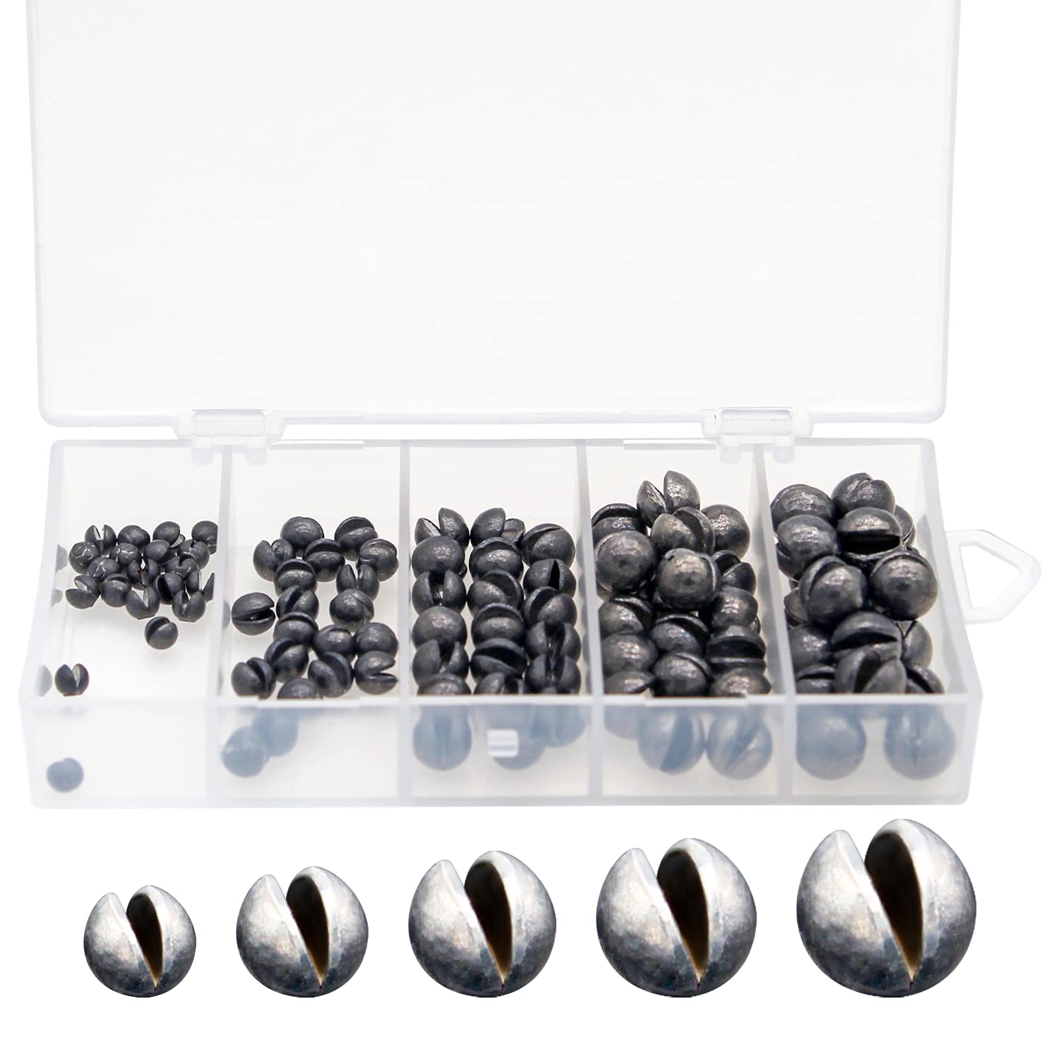 FishingPepo 100pcs Fishing Weights Sinkers Kit, Round Removable Split Shot Sinker Weights, Small Fishing Lead Egg Weights, Fishing Accessories Equipment Gear Stuff Lead Shot Sinkers 5 Sizes
