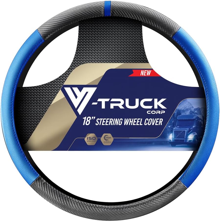 18-Inch Genuine Leather Steering Wheel Cover for Semi Trucks – Blue with Black Carbon Fiber Imitation, Heavy-Duty Non-Slip Grip, Universal Fit, Easy Installation