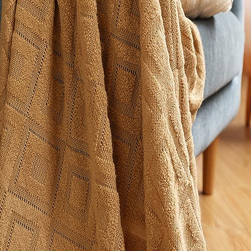Couverture tricotée camel 127x180cm à franges jacquard pour canapé