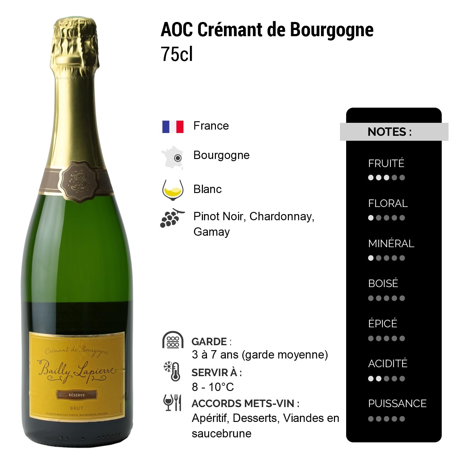 Crémant de Bourgogne Brut Réserve - Blanc - Bailly Lapierre - Vin Blanc de Bourgogne (6x75cl) Effervescent