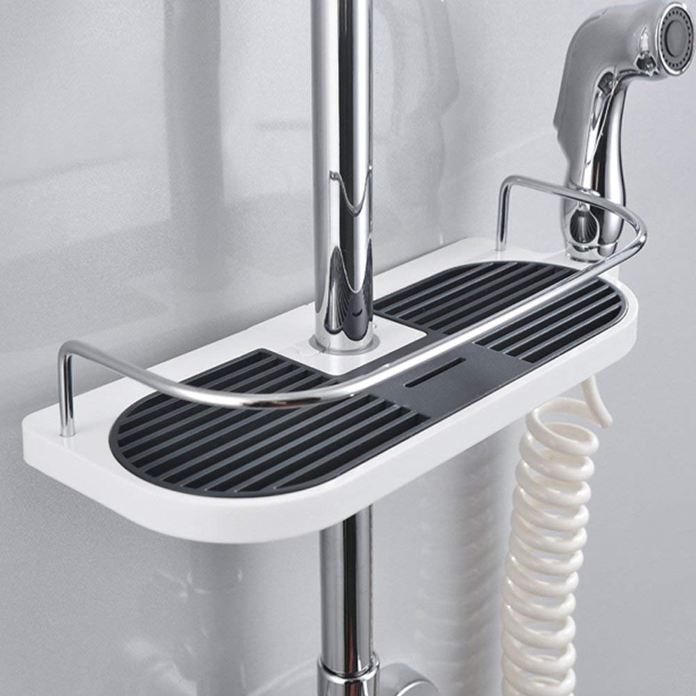 LATERN Étagère de Douche Télescopique,Tablette de Douche Poteau Réglable en Alliage d'aluminum avec 2 Crochets Serviettes,Montag