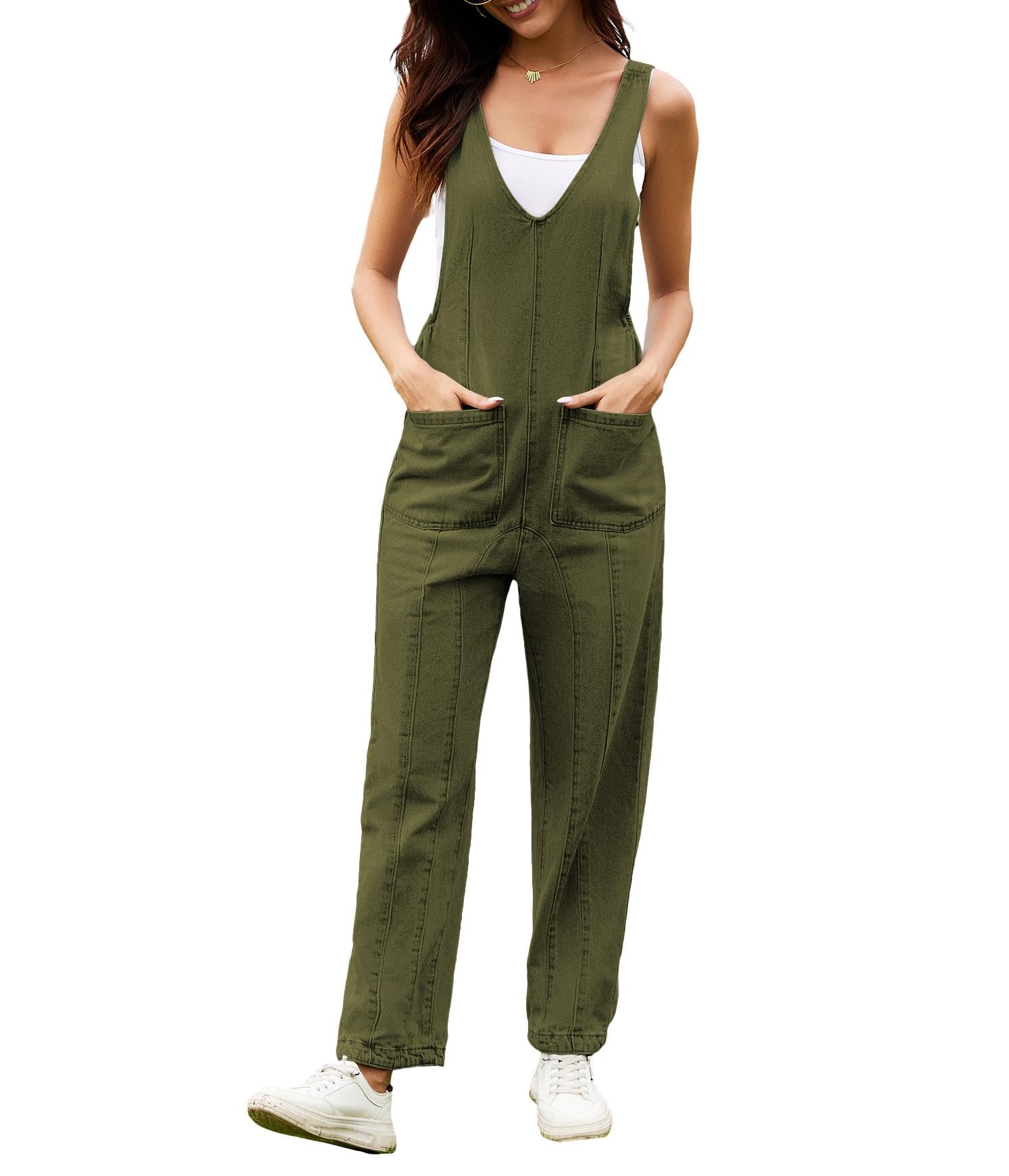 HBQ Women's Casual Denim Bib Jumpsuit Rompers Sleeveless V Neck Loose Baggy Jeans Pants Overalls With Pocket