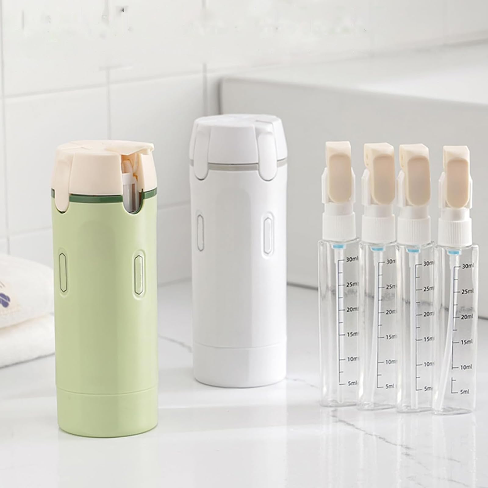 Dispenser da viaggio 4 in 1 per articoli da toeletta, contenitori da viaggio ricaricabili a prova di perdite, con scala ed etichette per shampoo, balsamo, lozione e crema (verde)