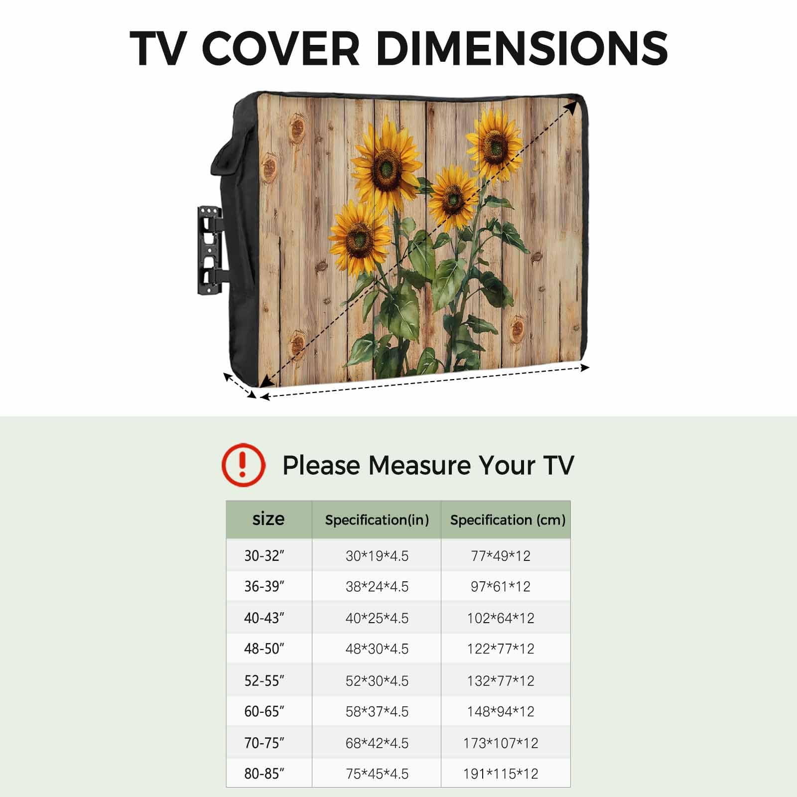 Vintage Summer Sunflower Outdoor TV Cover 32 Inch Weatherproof Waterproof Outdoor TV Enclosure, Dustproof TV Screen Protector for Outside with Remote Control Pocket, Wooden Texture