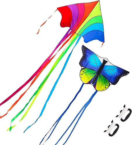 Kaidenic Paquete de 2 cometas de mariposa azul y arco iris Delta cometa con colas largas fáciles de volar con líneas voladoras