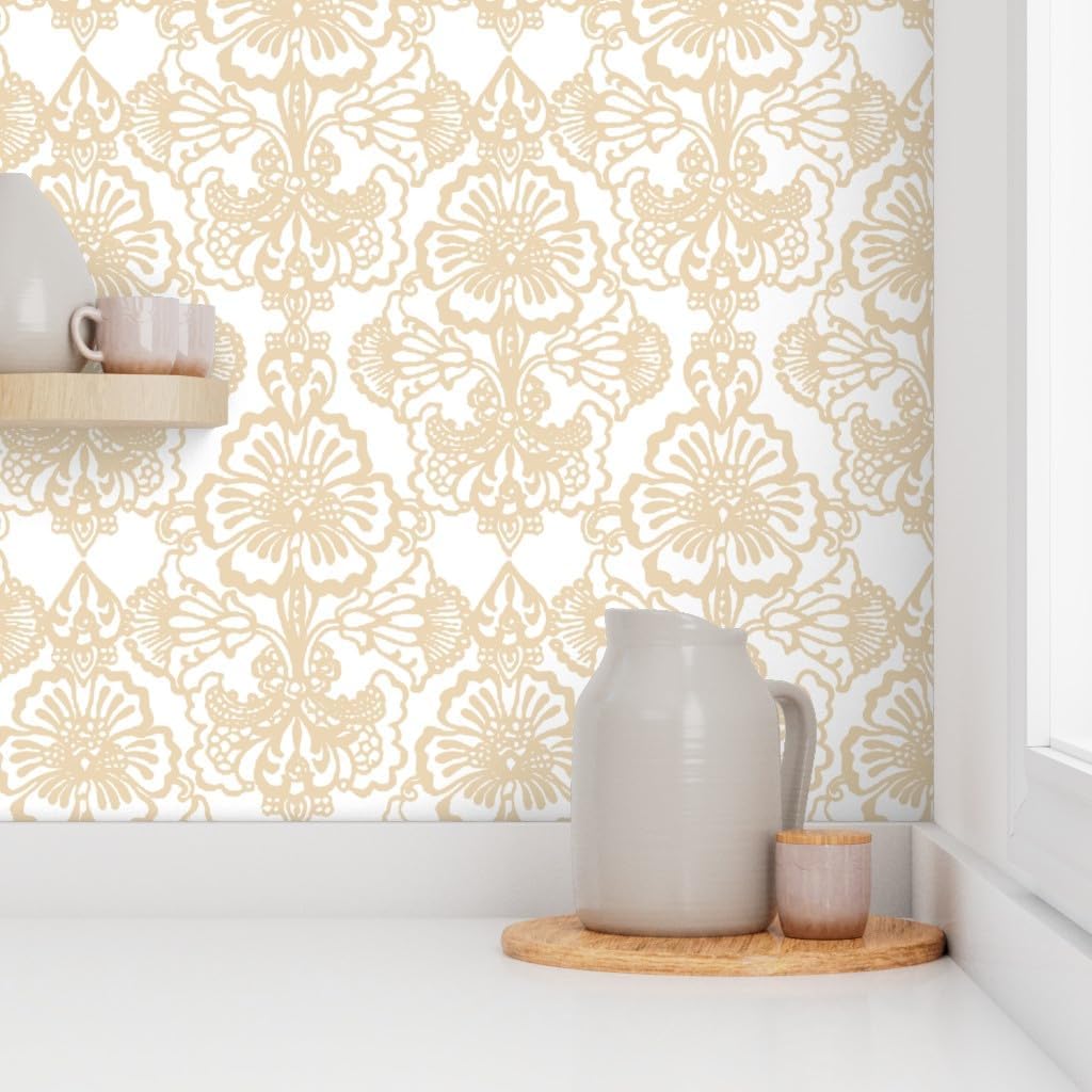 Peel & Stick Wallpaper 3ft x 2ft - Floral Damask Sweet Lace White Beige Tan Custom Removable Wallpaper by Spoonflower
