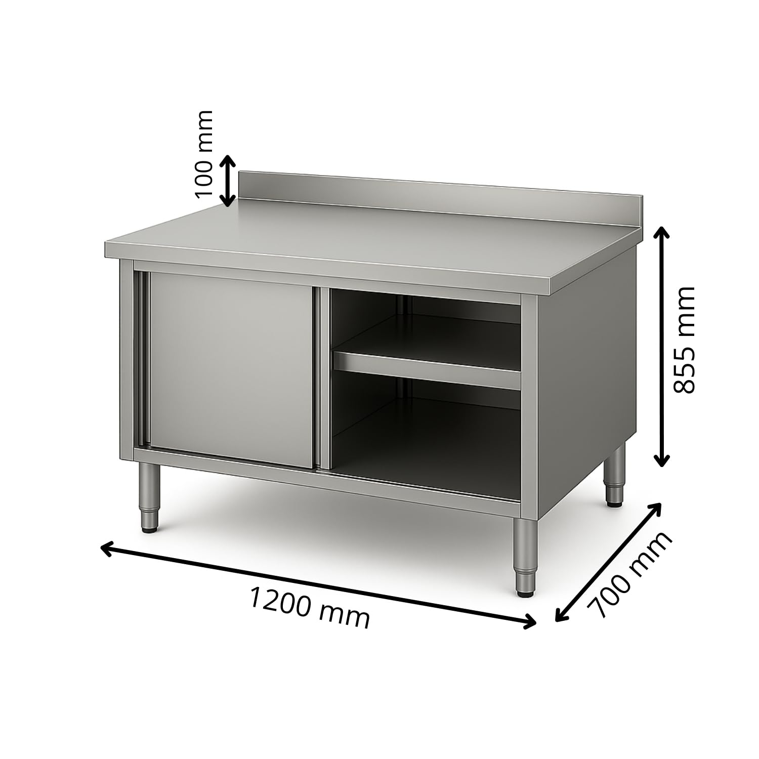 Générique Meuble Neutre INOX adossé Professionnel – Longueur 1000 mm – Profondeur 700 mm – Portes coulissantes – dosseret démontable