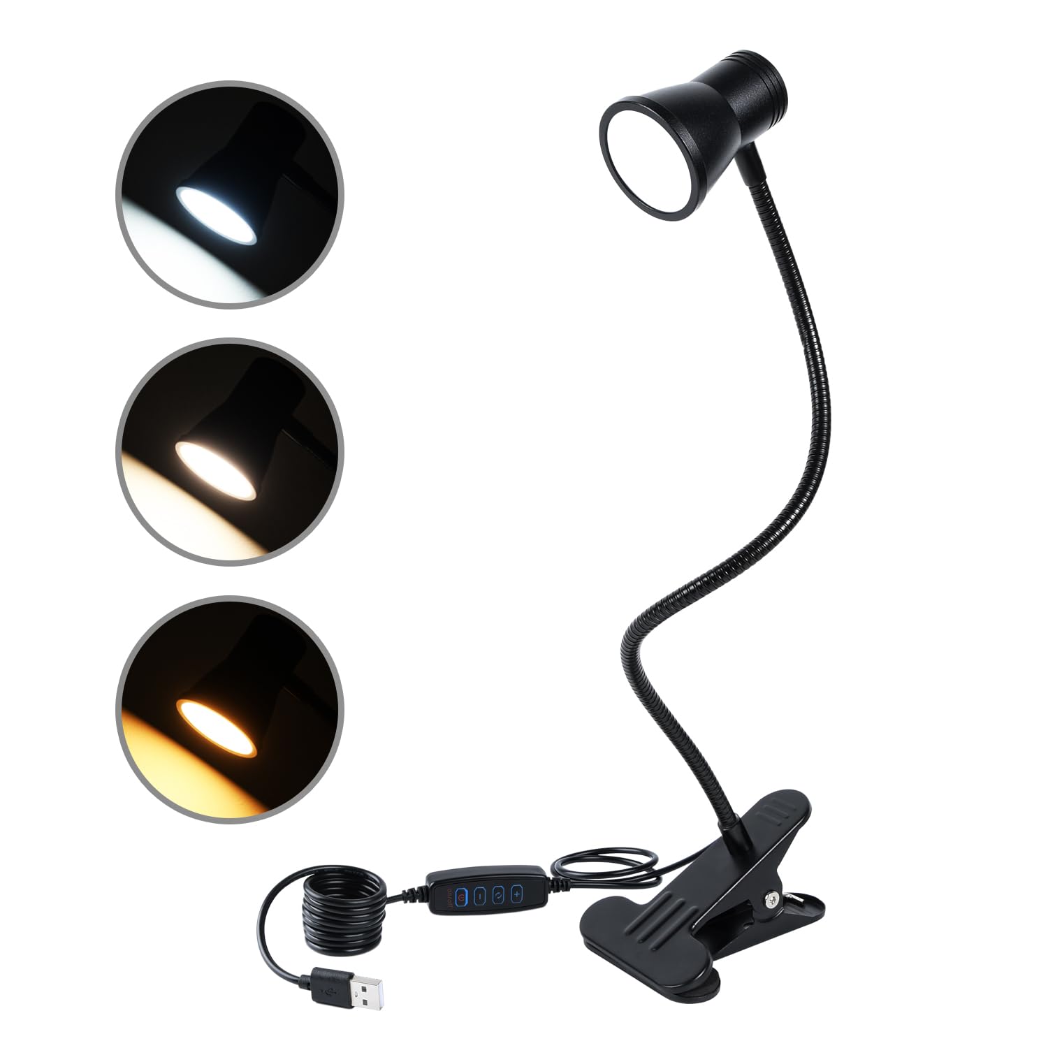 CeSunlight Clip Desk Lamp, USB Reading Light, Flexible Neck Led Clamp Light with 3 Color Temperature Options, 10 Dimmable Brightness Levels for