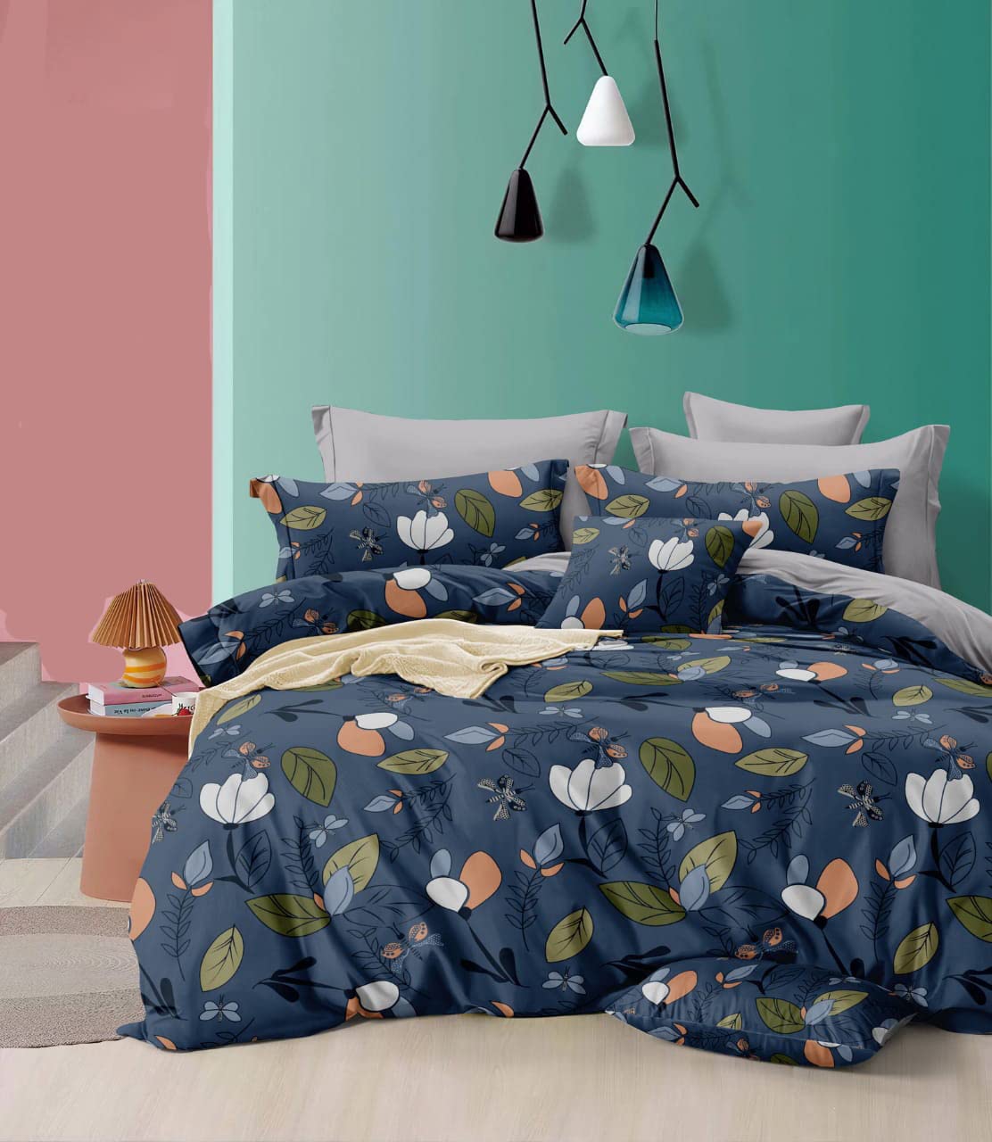 DECOMIZER XL Microfiber Soft Cotton Queen Bedsheet for Double Bed, Queen Size 90 Inches X 100 Inches, 230 X 250 cm with 2 Large Size Pillow Covers Without Joint - Navy White Leaf