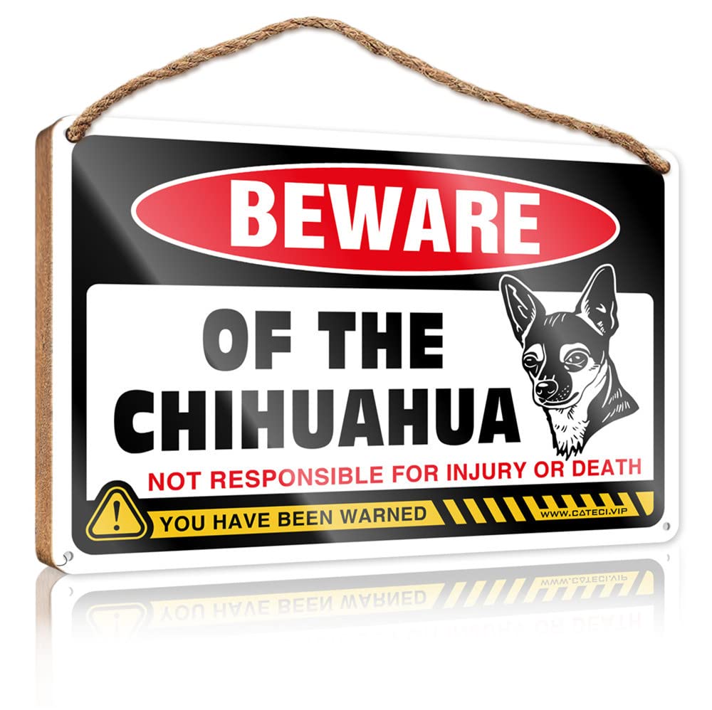 DTHA Hello Winter Sign Beware Of Chihuahua Wooden Sign Hanging Wooden Plaque Front Sign