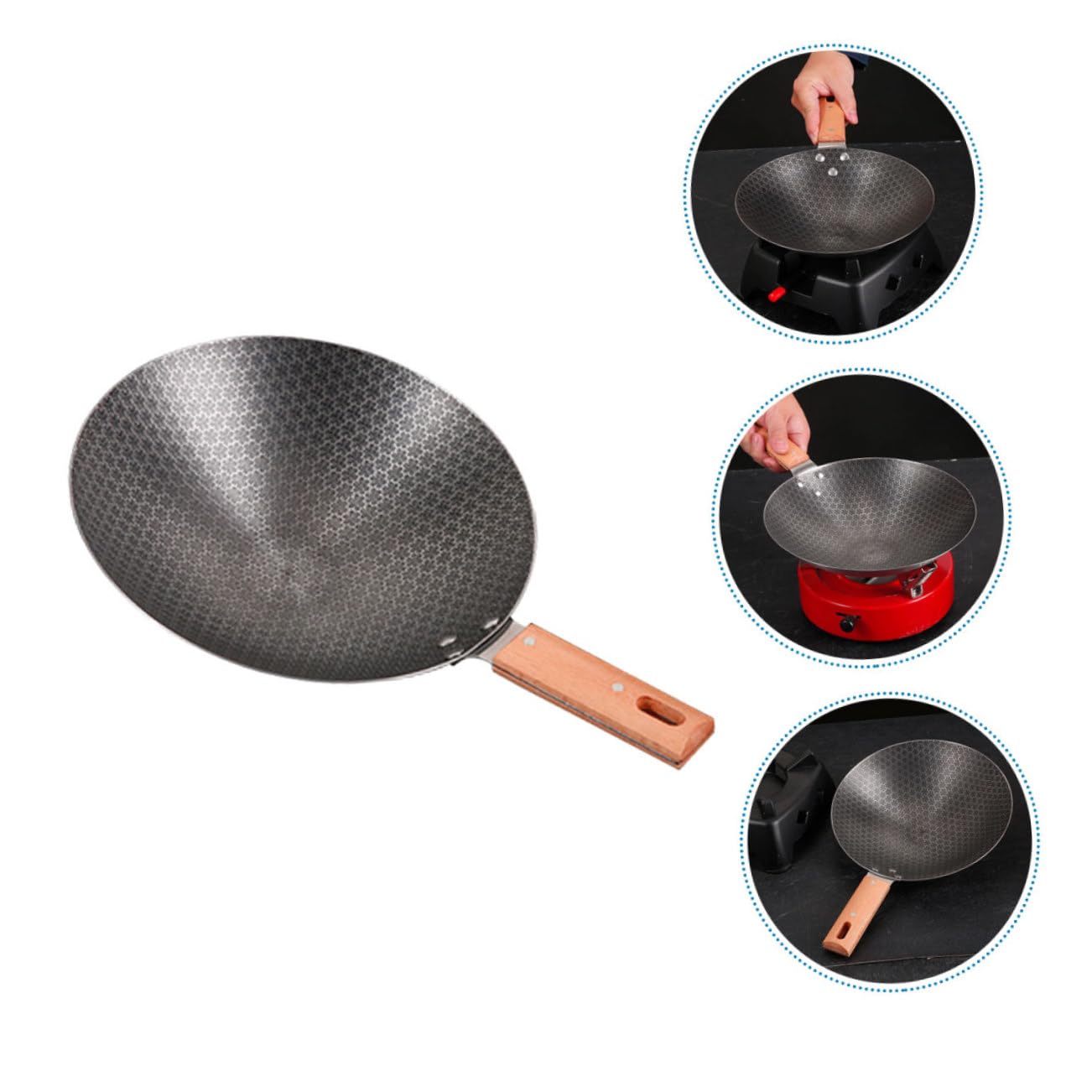 Padella Wok in con Manico in Legno Antiaderente e Resistente al per e Bbq per Saltare Friggere e Cuocere al Vapore