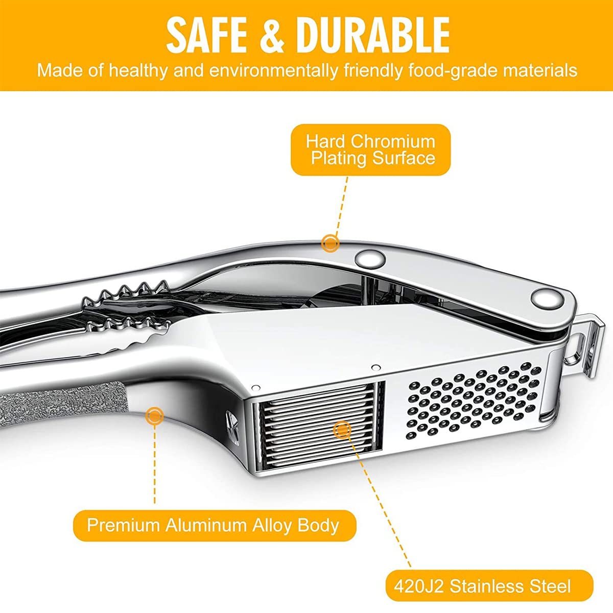 Garlic Press Stainless Steel, 2 in 1 Garlic Mincer, Garlic Slicer, Dual Function Garlic Crusher, Professional Handheld Garlic Squeezer Tool with Anti-Slip Handle, Perfect for Home Cooks