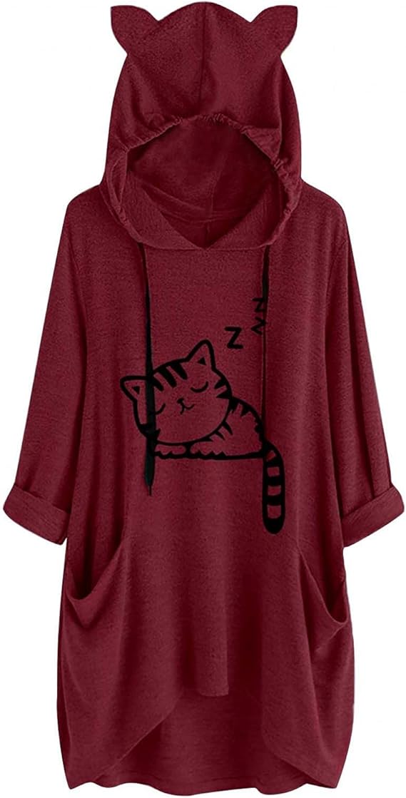 Amazon トレーナー レディース 薄手 パーカー レディース ゆったり 猫柄 ロング トレーナー ネコ耳 可愛い プルオーバー フード付き ポケット付き 森ガール系 少女 パジャマ ワンピース 6色展開 大きいサイズ 学生 通学 ロングパーカー キレイめ 大きいサイズ