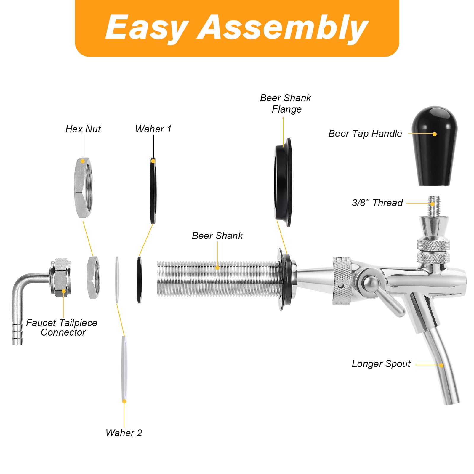 Grifo de cerveza de control de flujo de vástago largo, grifo de cerveza ajustable mejorado con núcleo de acero inoxidable y cuerpo de latón, vástago de cerveza de barril de 4 pulgadas con 5