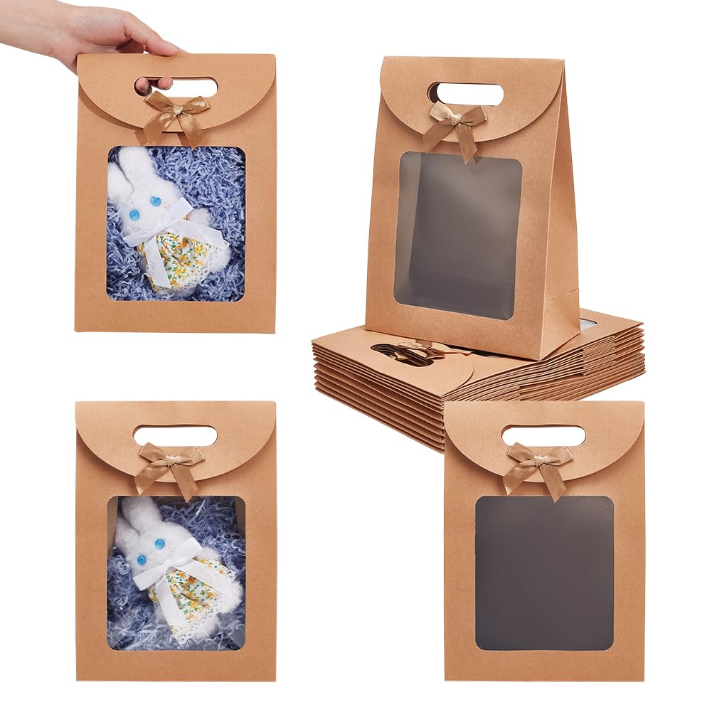 NBEADS 12 Pcs Tan Kraft Paper Bags, Stand Up Gift Bags with Handles and Transparent Window for Candy Cookies Packaging Wedding Christmas Party Store Retail, 7.48×3.58×10.24" — image 1