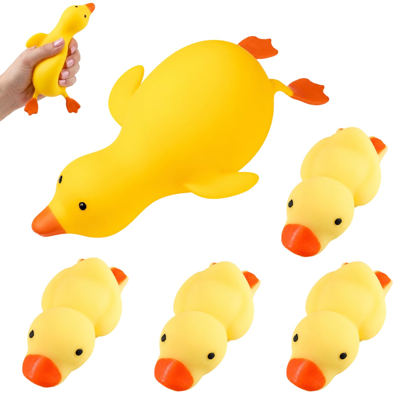5Pcs Duck Squishy, Soft Squeeze Ducks with Stretchy Legs, Fun Sensory Play Items, Includes Yellow Duck and Four Leg Stretch Ducks