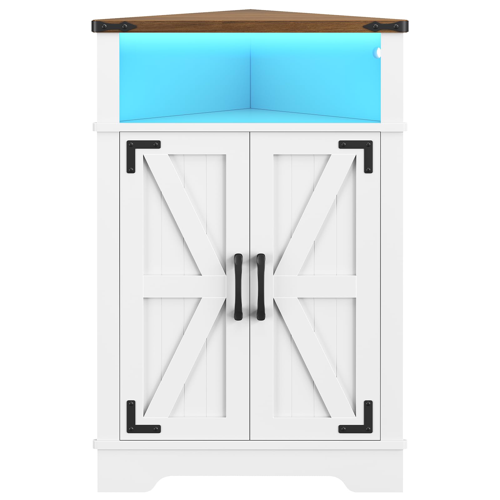 HOOBRO Eckschrank mit LED-Streifen, Küchenschrank, Aufbewahrungsschrank | Küchenschrank mit Verstellbarem Einlegeboden und Offenem Fach, Eckkommode für Wohnzimmer, Bad, Weiß und Walnuss EWH119DCJ01