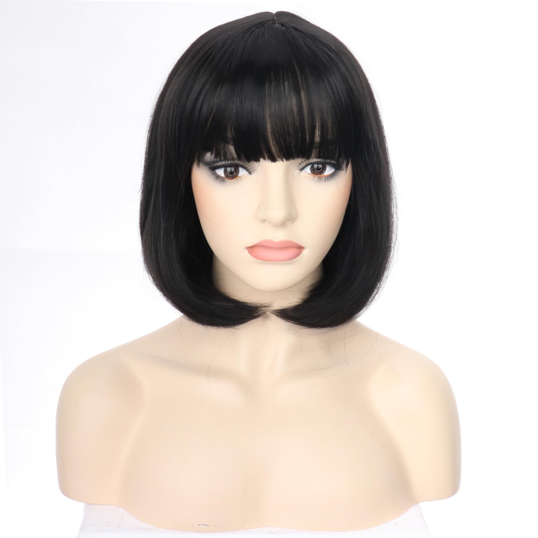 PORSMEER Short Black Bob Wigs with Fringe For Unisex Womens Natural Synthetic Hair Colorful Costume Cosplay Wig for Anime Halloween Fancy Dress Party+Wig Cap - Image 2