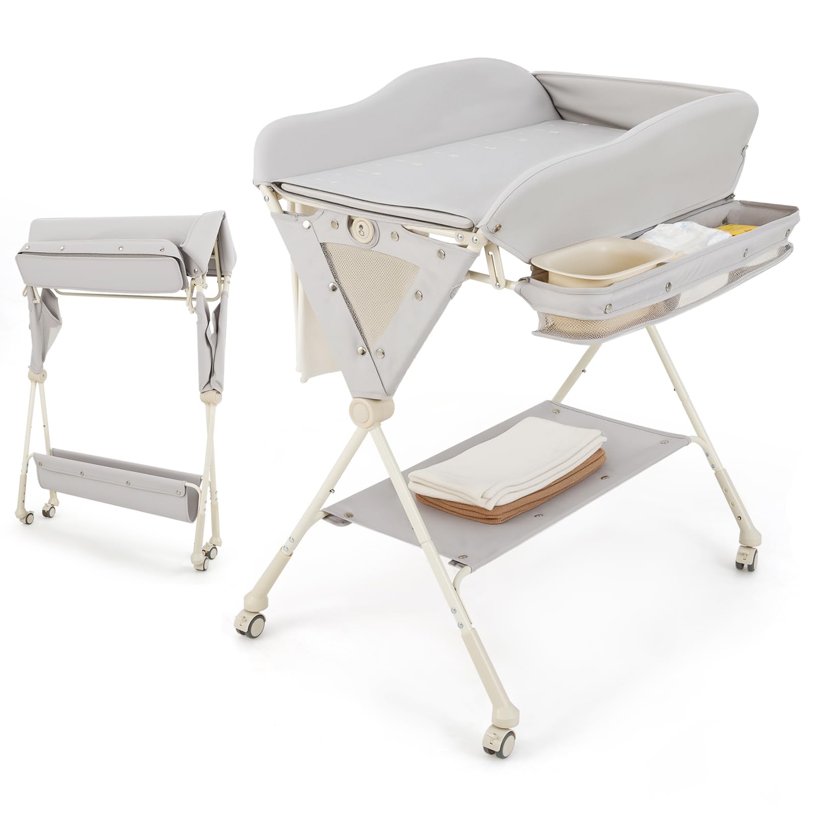 GOPLUS Cambiador plegable con correa de seguridad y placas protectoras, cambiador en altura ajustable con recipiente para agua y ruedas equipadas con freno, para bebés de 0 a 6 meses (Gris)