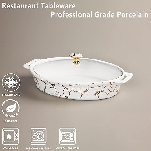 Miniatura 3 de Creativity Home Platos ovalados para hornear gratinados, cacerola de cerámica con cubierta de bambú, bandeja para lasaña profunda para horno,