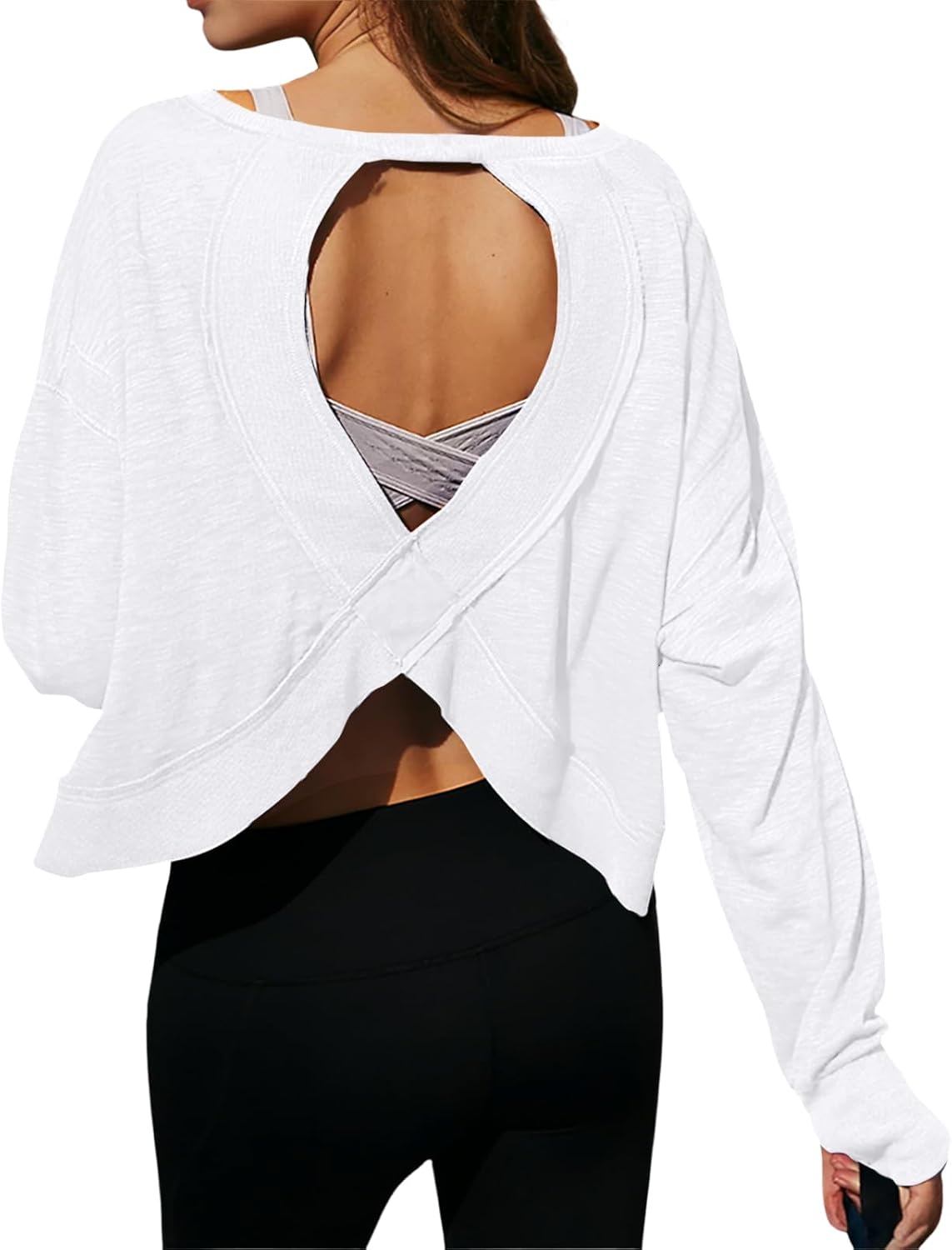 Open Back Workout Tops for Women Long Sleeve Casual Crop Athletic Shirts 100% Cotton Gym Yoga Backless Oversize Tops