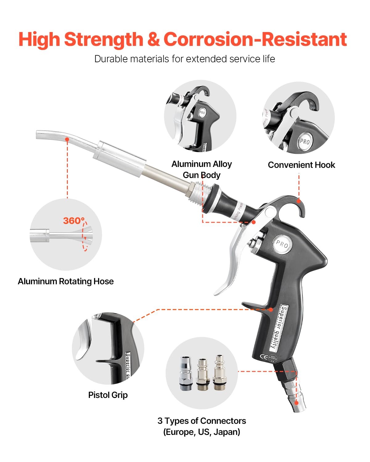 VEVOR Pistolet Nettoyage Voiture à Air Haute Pression 6-9,2 Bars avec 2 Buses, Tuyau Rotatif Aluminium, pour Élimination Saleté Poussière Surface, Fonctionne avec Compresseur d'air 1/4 NPT Non Inclus