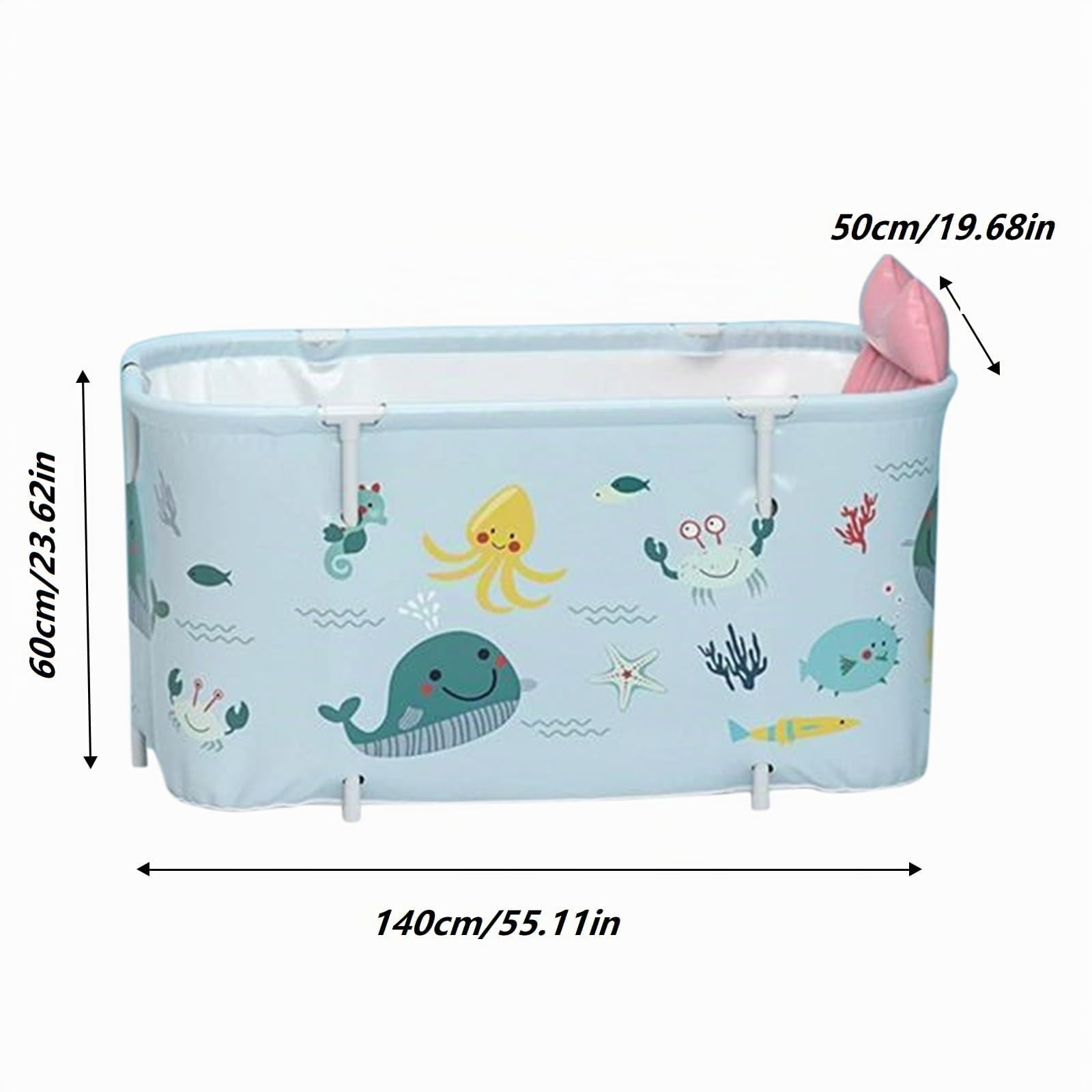 Bañera plegable para adultos, 140 x 50 x 55 cm, bañera móvil portátil con cojín y respaldo, bañera SPA para ducha, bañera plegable independiente para adultos y niños, estilo océano