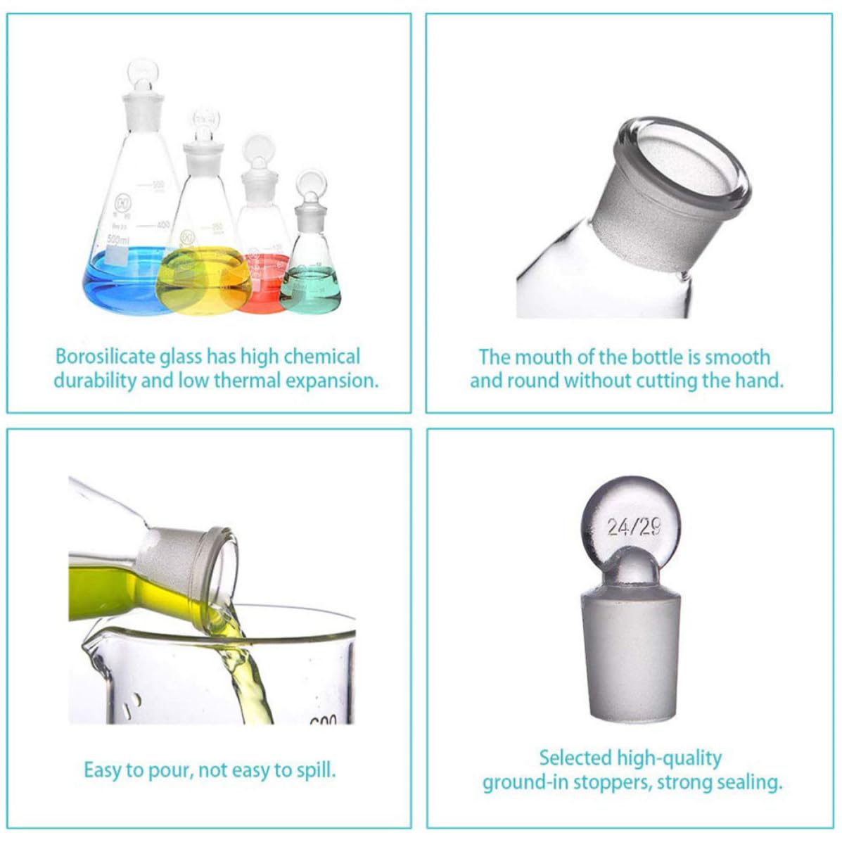 KICHOUSE Set da 3 Beute Coniche in Vetro da 250ml con Tappo, Scala Chiara e Design Adatto per Laboratori Scolastici e Lezioni di Chimica