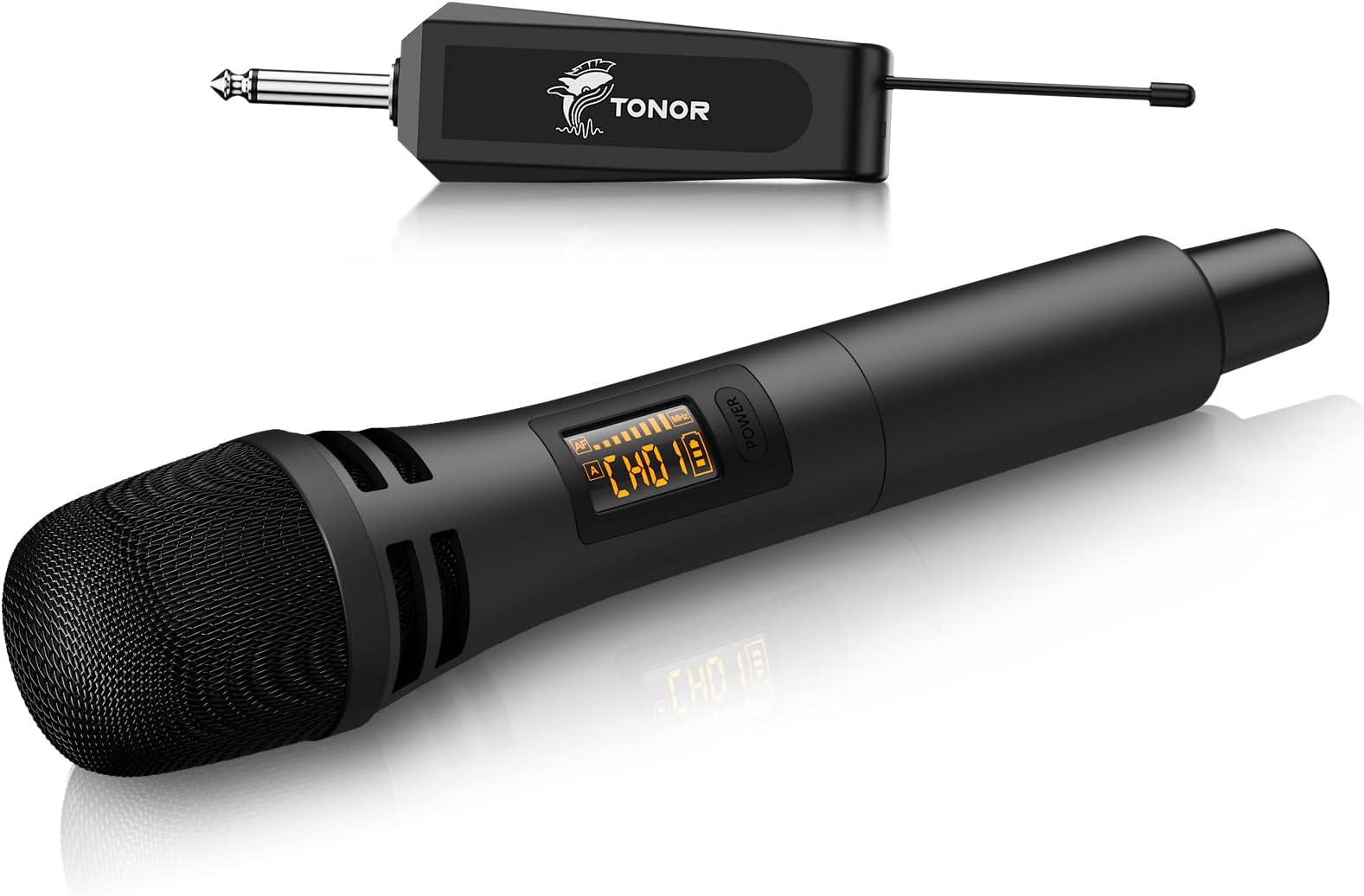 Wireless Microphones, UHF Cordless Handheld Dynamic Mics with 6.35mm Rechargeable Receiver, 60 m Range, 5 Adjustable Channels for Karaoke, Singing, DJ, Party, Speech, TW310, 1 Mic Black