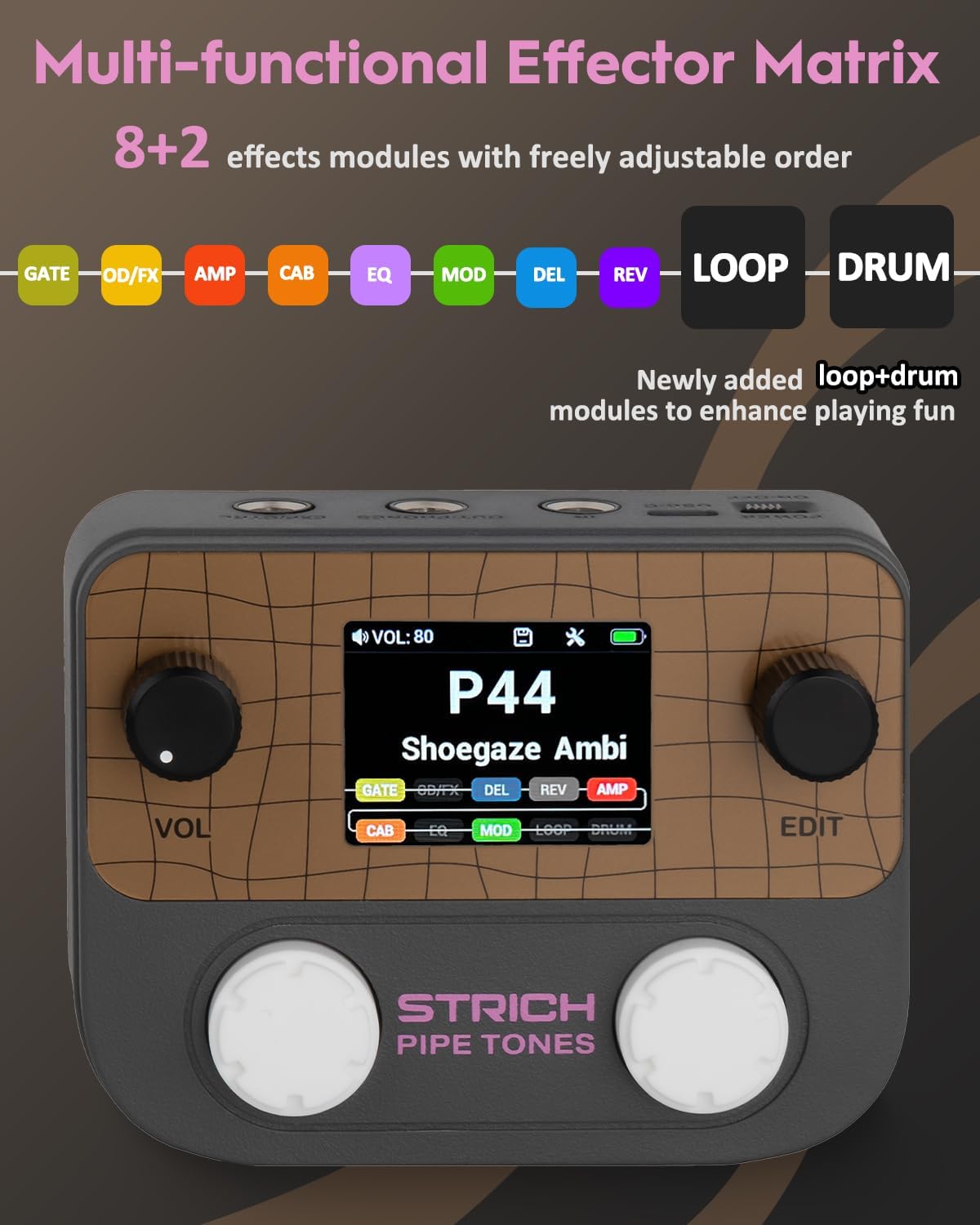 STRICH Pipe Tones Pocket Multi-Effects Processor for Guitar and Bass with Foot Pedal 10 Effect Modules 125 Effects 40s Looper 100 Drum Patterns USB Audio Interface Wireless Control (Dark Gray)