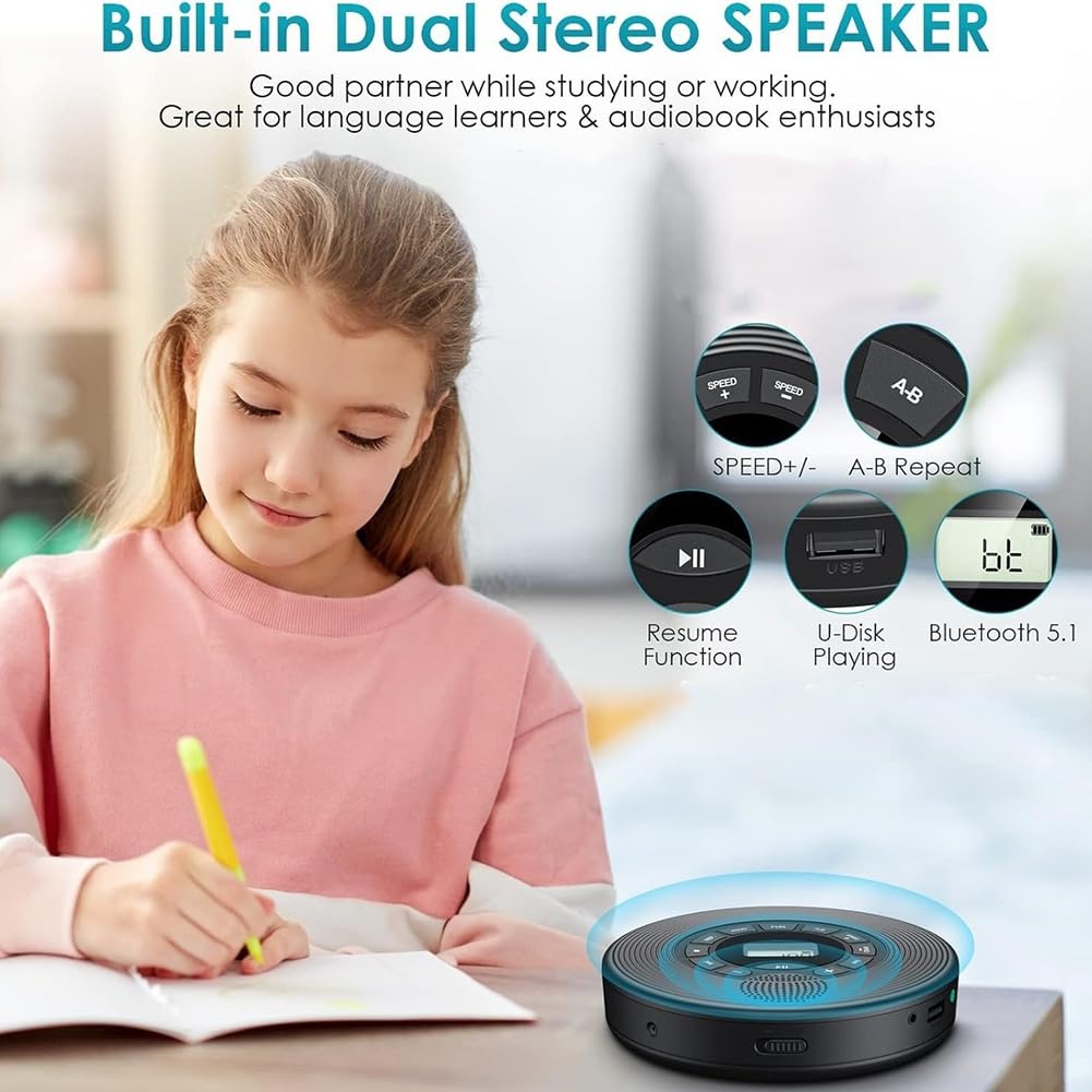 Trasmettitore FM 1500MAH Bluetooth CD Player con Cuffie AUX USB Anti-Skip Discman Portatile per Auto