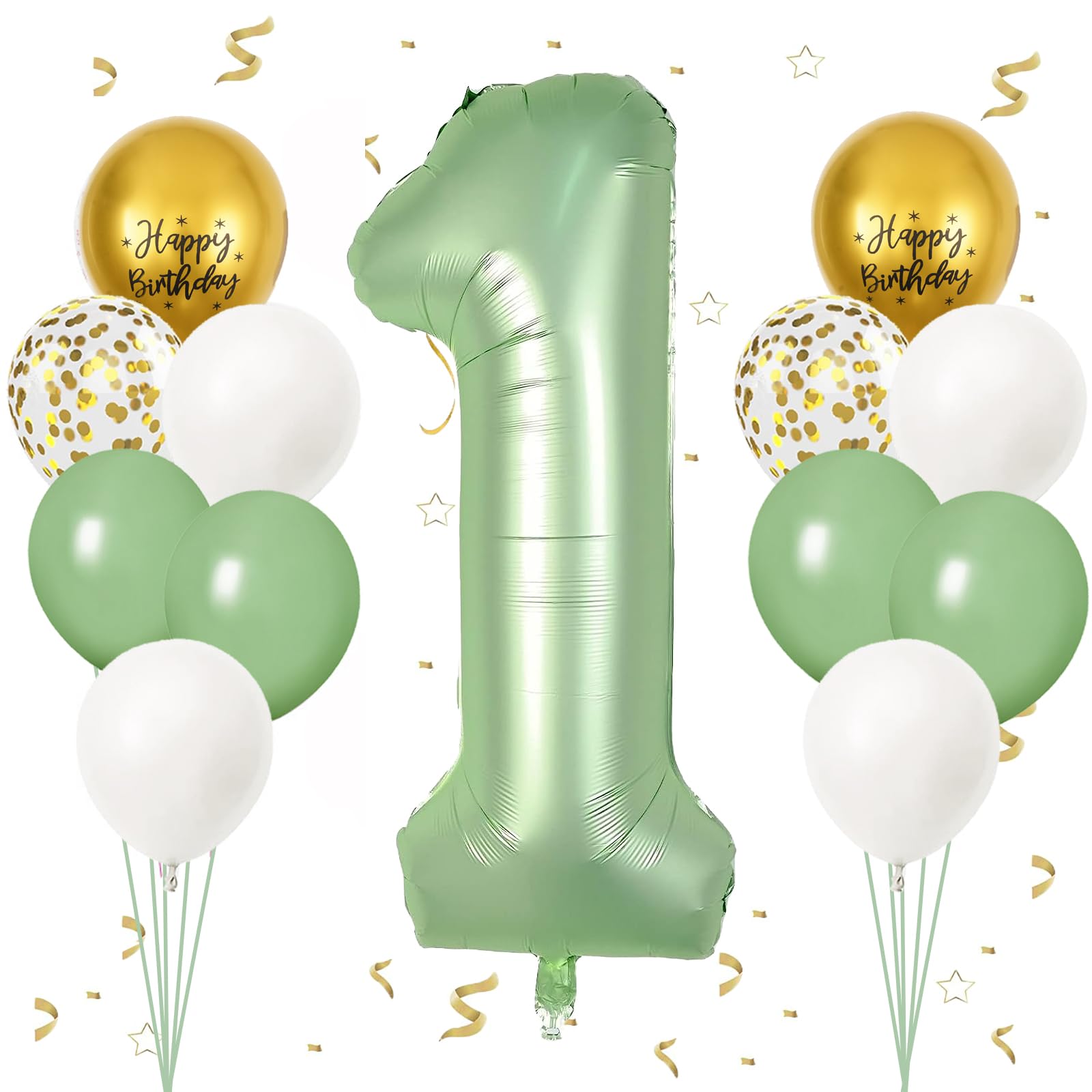 Globos de cumpleaños 1 años, VUCDXOP 13pcs Verde aguacate Traje de Globo de cumpleaños con Globo de gran número 1, 101 CM Globo 1 Años, Decoracion 1 Cumpleaños, Globo Numero 1 para Fiestas