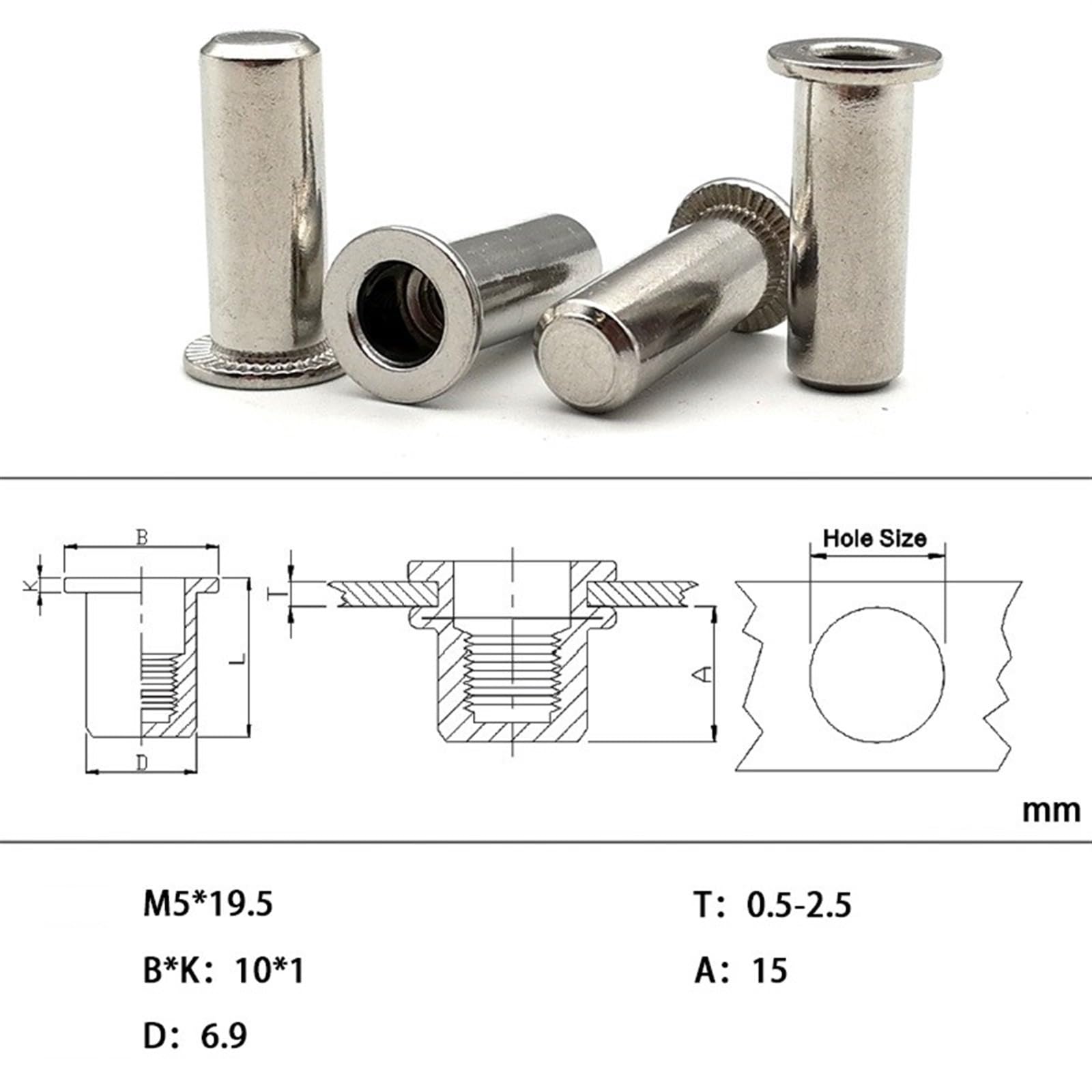 Dadi per Rivetti, Dado for Rivetto in Acciaio Inossidabile SUS304 con Testa Svasata Piatta, Inserto filettato, Diverse Misure(50pcs Flat M5*19.5)
