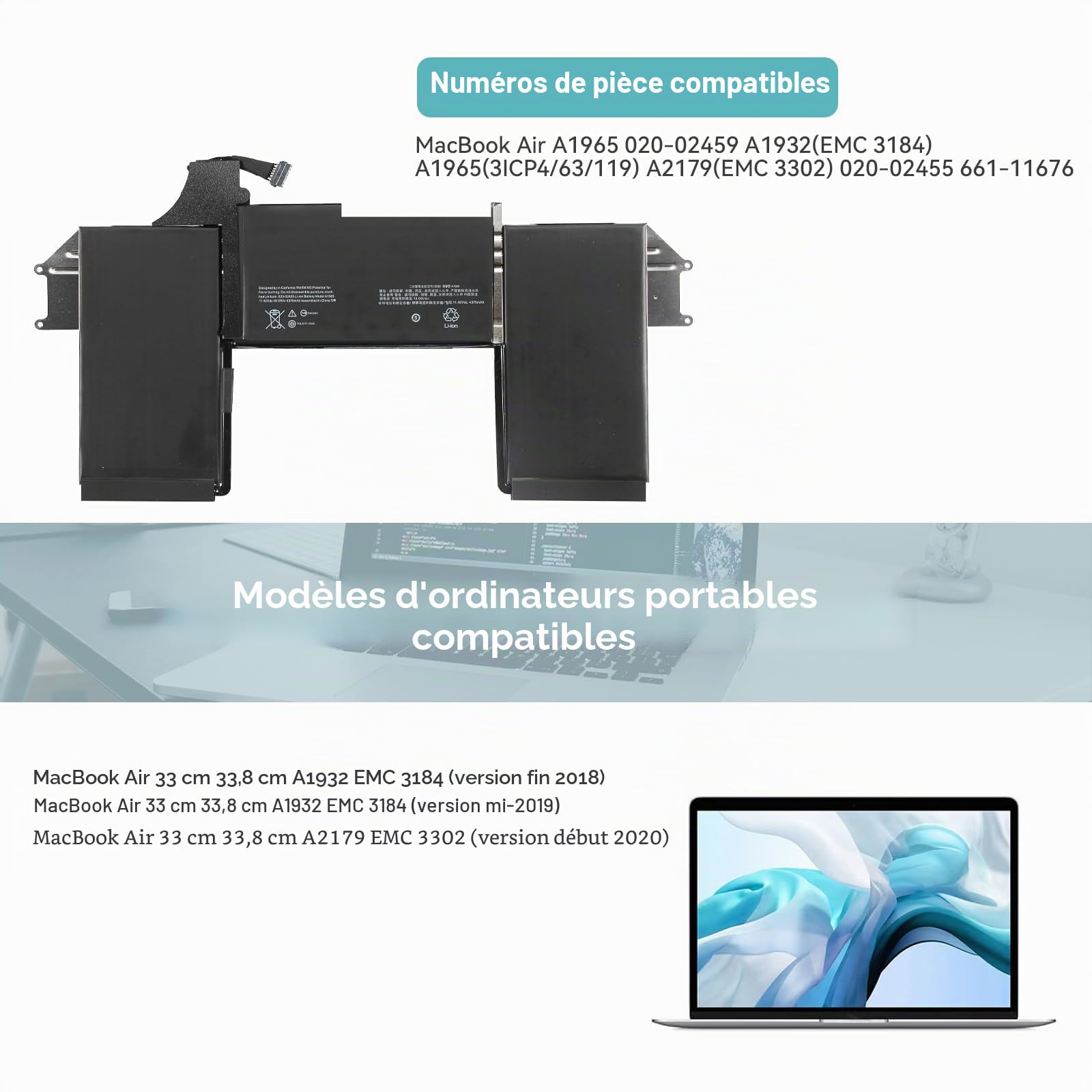 K KYUER A1965 Batterie pour MacBook Air 13" 13.3" A1932(Late 2018 2019) | A2179 (Early 2020) EMC 3184 3302 MacBookAir8,1 8,2 9,1 MRE82LL/A MRE92LL/A MVFH2LL/A MVFM2LL/A MRE82B/A MVFL2LL/A MREA2LL/A