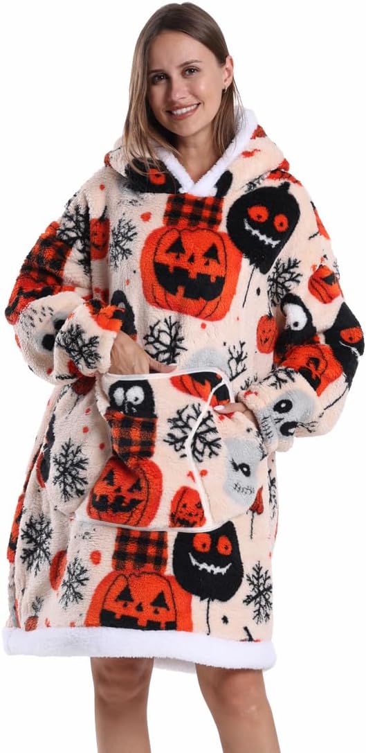 Wearable Blanket for Women - Flannel Hooded Robe, Halloween & Christmas pattern, Cozy Fleece Gift for Family Nights - Image 6