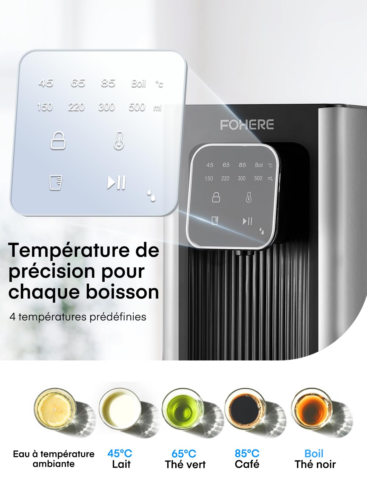 Distributeur d'eau Chaude, 2600 W, Eau Chaude en Quelques Secondes, 4 Niveaux de Température, 4 Quantités d'eau, Réservoir de 2,5 l, Compact et économe en énergie, écran tactile Numérique